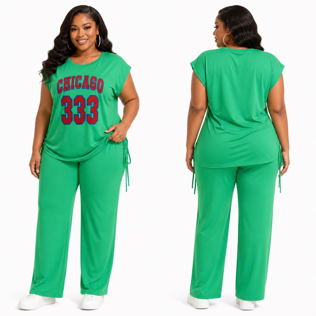 Green Graphic Lounge Set     Relaxed Two Piece Outfit