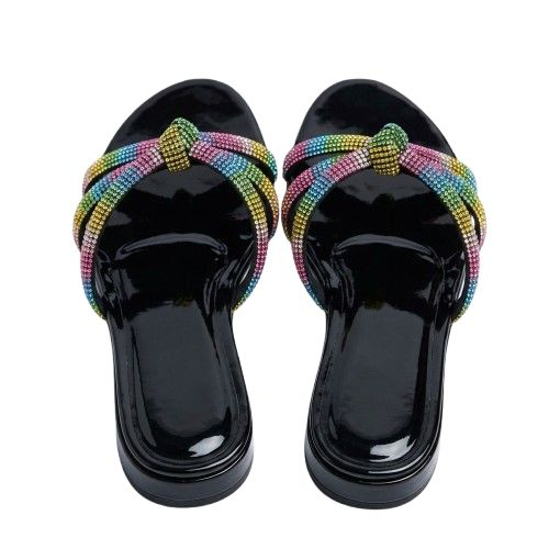 Rainbow Crystal Embellished Multi Strap Slide Sandals