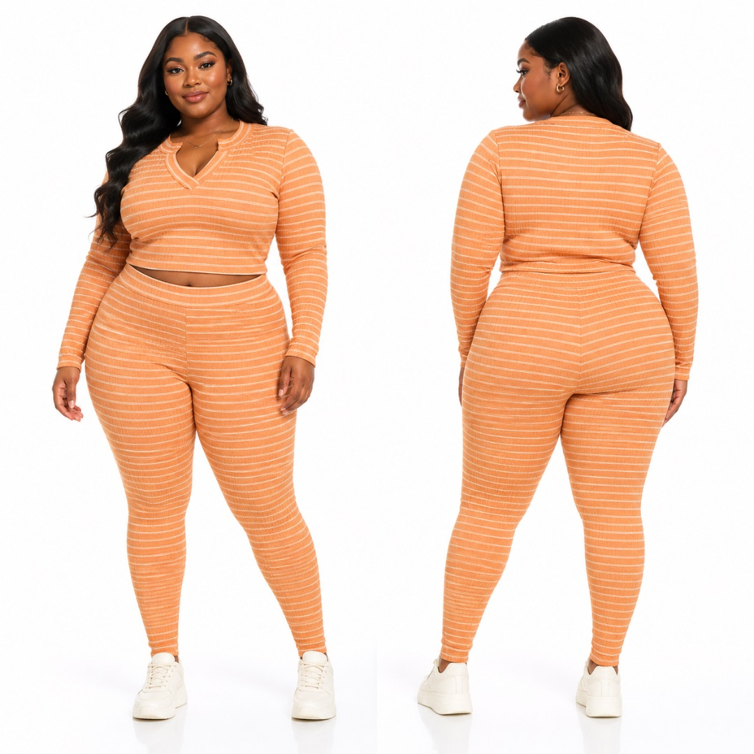 Peach Ribbed Stripe Two Piece Set       Long Sleeve V Neck Top and Fitted Leggings Outfit