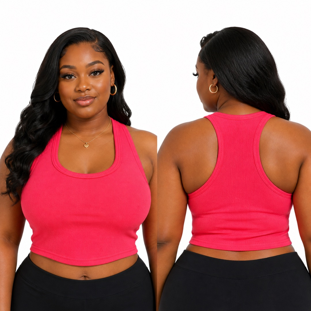Coral Ribbed Sleeveless Crop Top     Fitted Racerback Tank