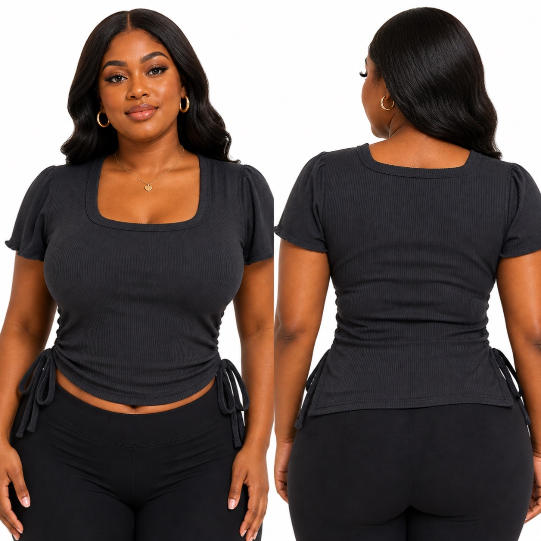 Charcoal Ribbed Side Drawstring Crop Top     Short Sleeve Square Neck Fitted Tee
