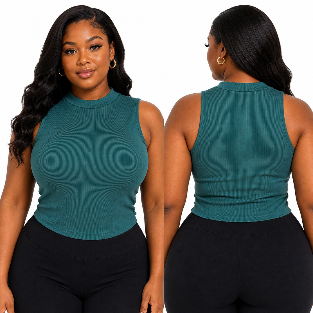 Emerald Green Ribbed Sleeveless Mock Neck Top    Fitted Minimalist Tank