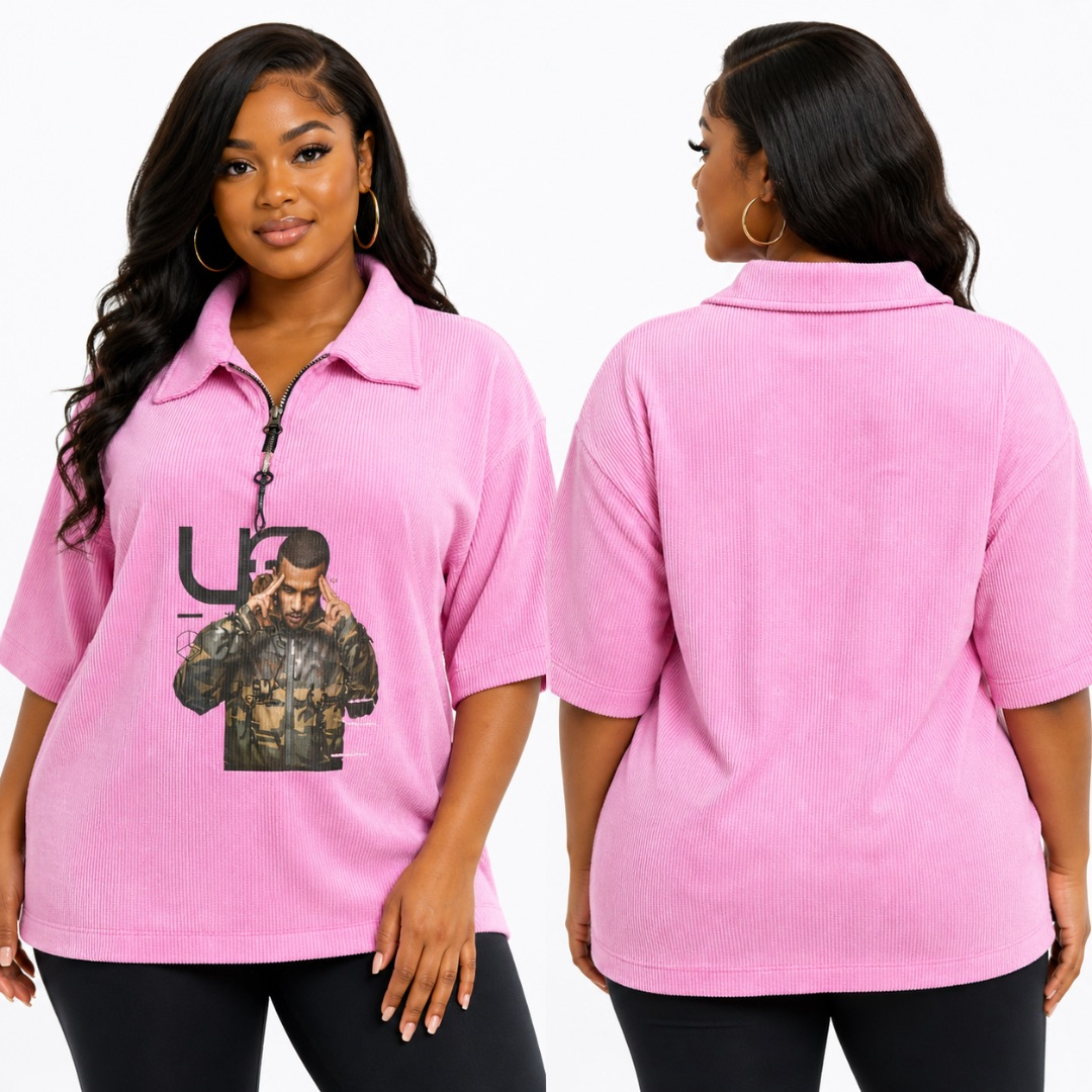 Pink Ribbed Zip Collar Graphic Top     Oversized Short Sleeve Casual Tee