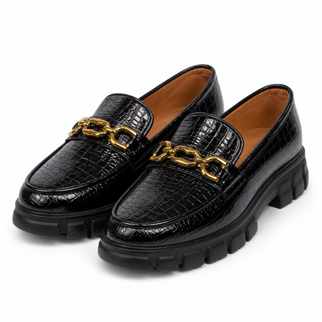 Black Croc Embossed Loafers  with Gold  Chain