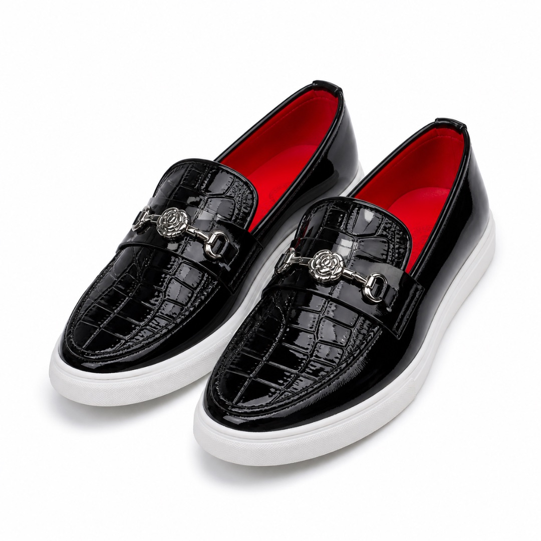 Black Croc Embossed Patent Loafers  with  Metal Detail