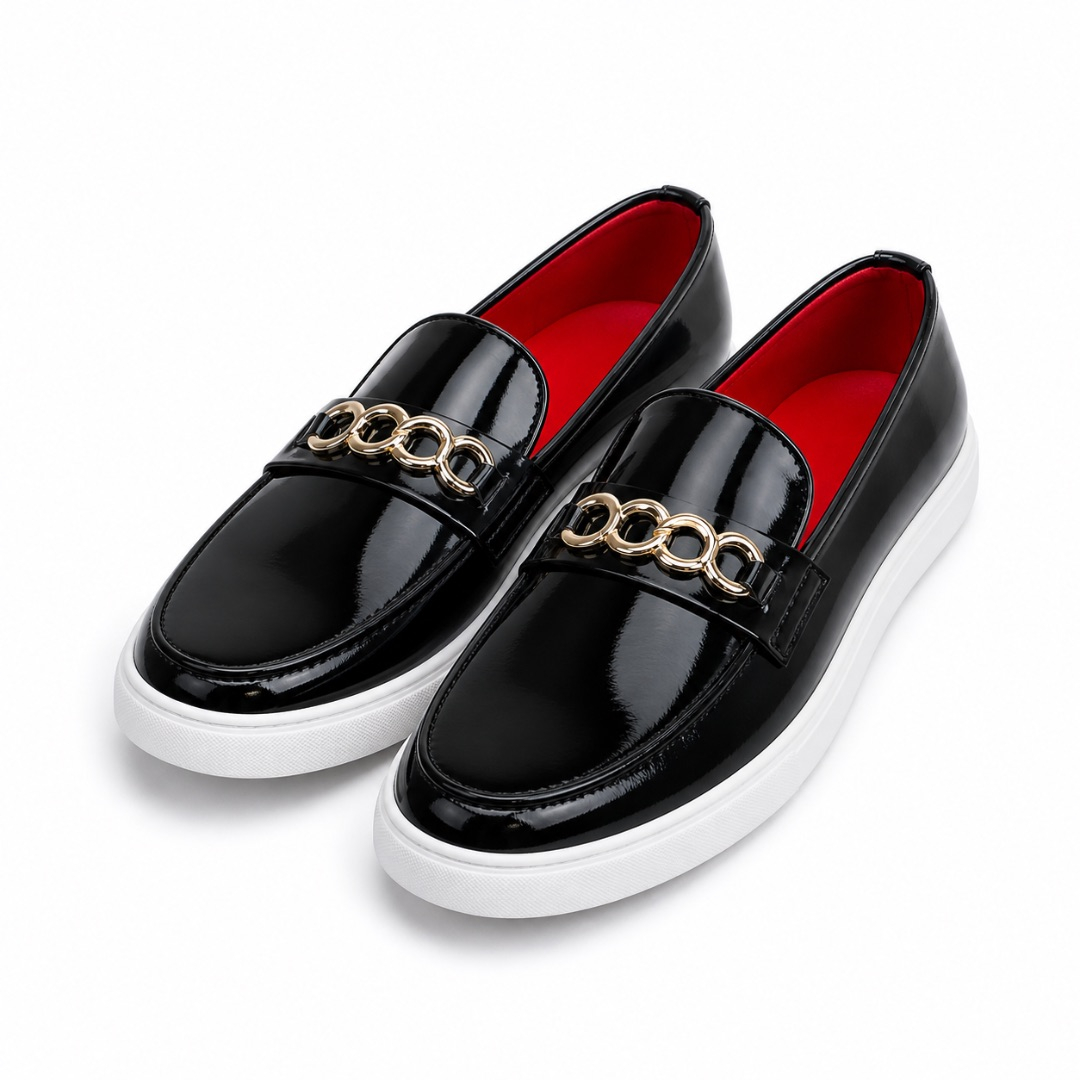 Black Patent Leather Loafers with Gold Chain Detail