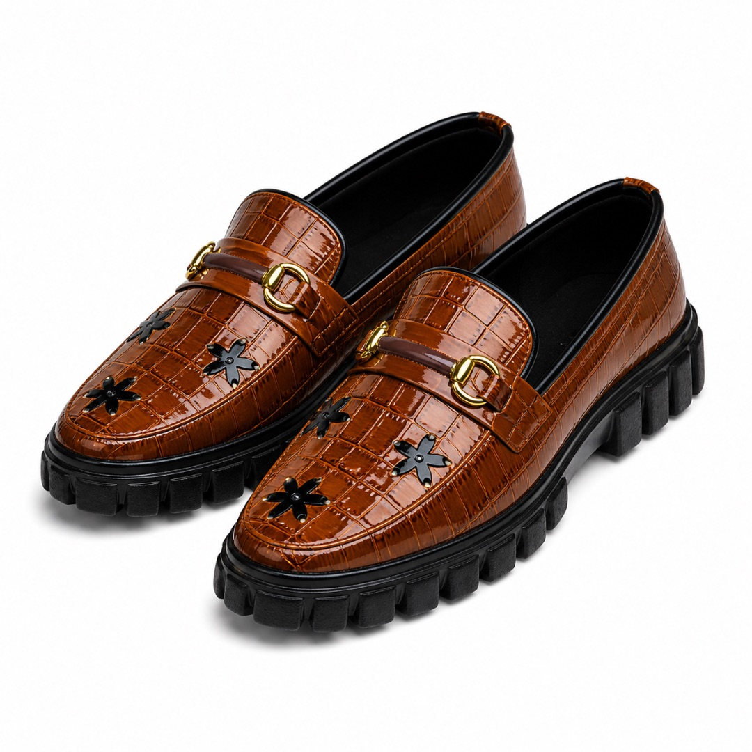 Brown Croc Embossed Loafers with Metal Detail  and  Chunky Sole