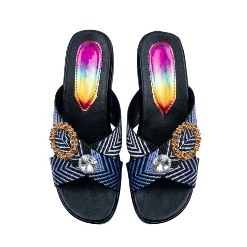 Womens Blue Zig Zag Patterned Embellished Slides