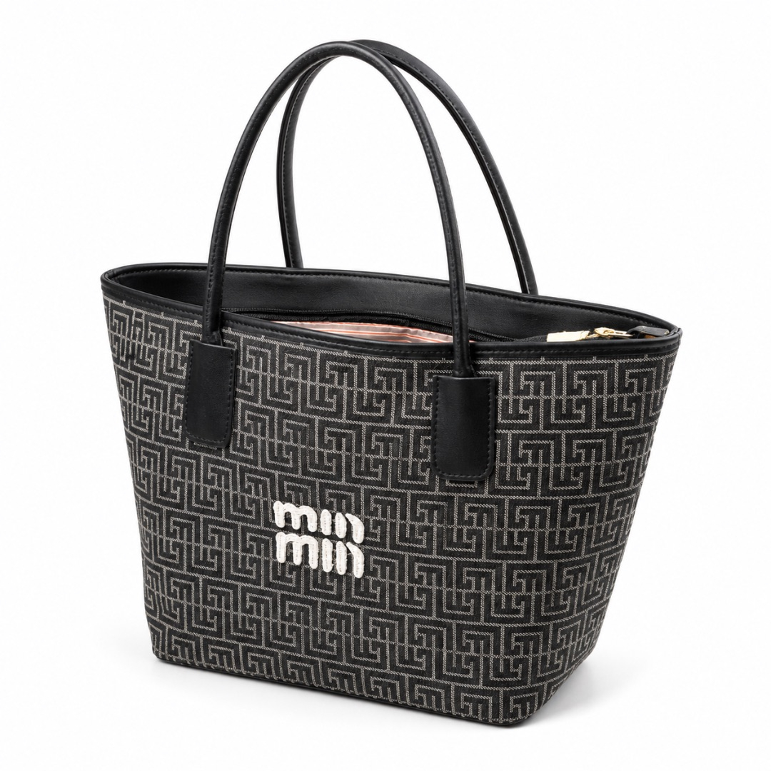 Black Geometric Pattern Mini Tote Bag  with  Embroidered Logo