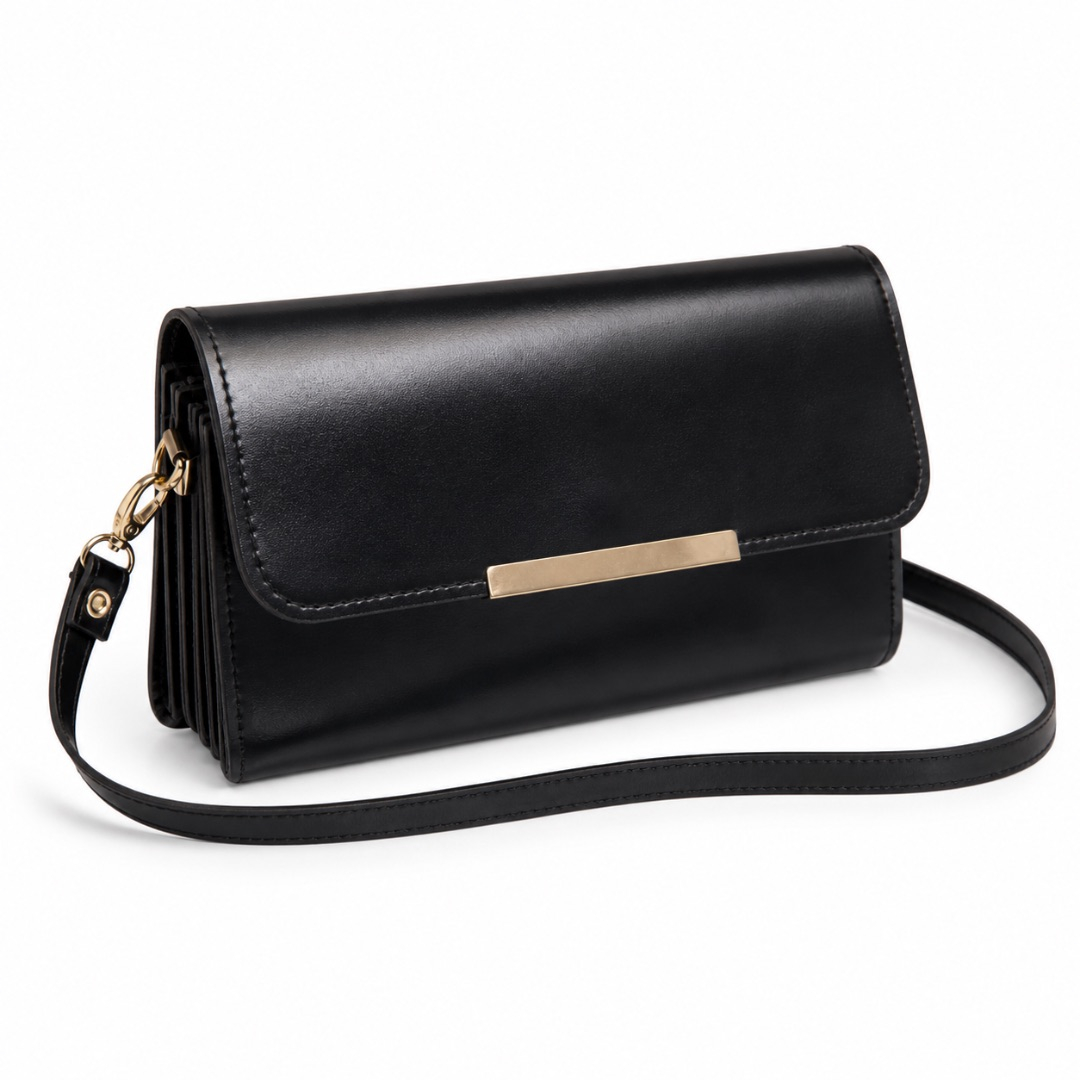 Black Sleek Flap Crossbody Clutch  with  Metal Bar Detail