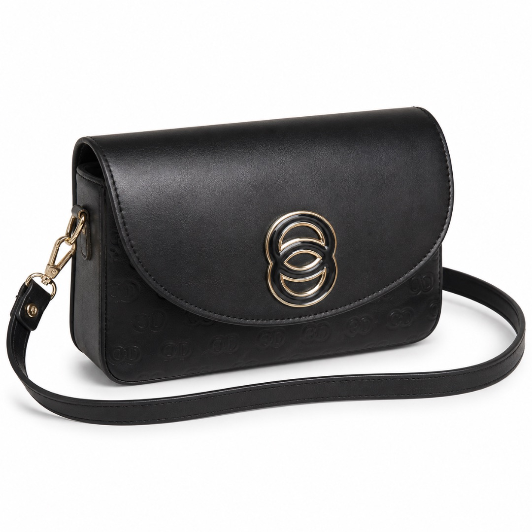 Black Statement Flap Crossbody Clutch  with  Circular Metal Accent