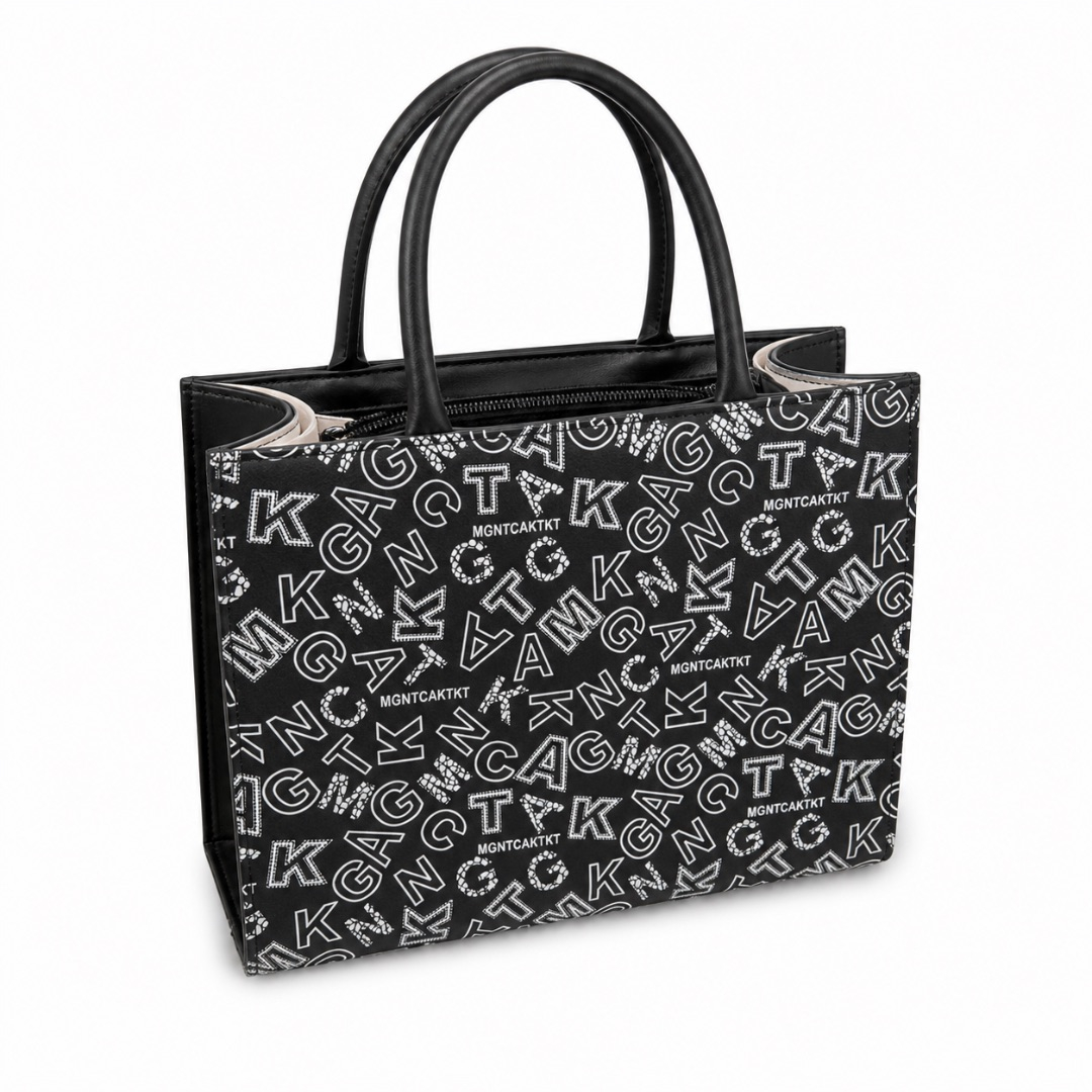 Black Graphic Print Mini Handle Bag  with  Gold Logo Detail