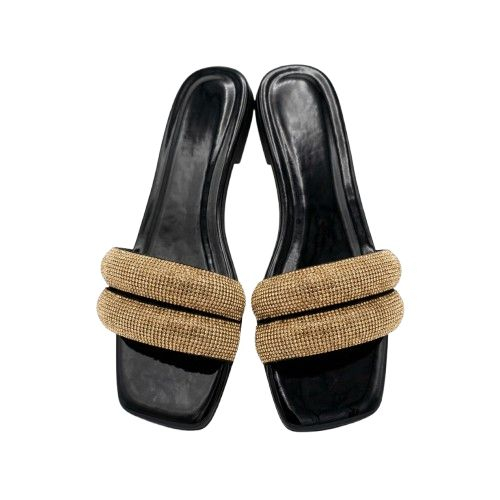 Womens Gold Heeled Slippers with Rhinestone Straps