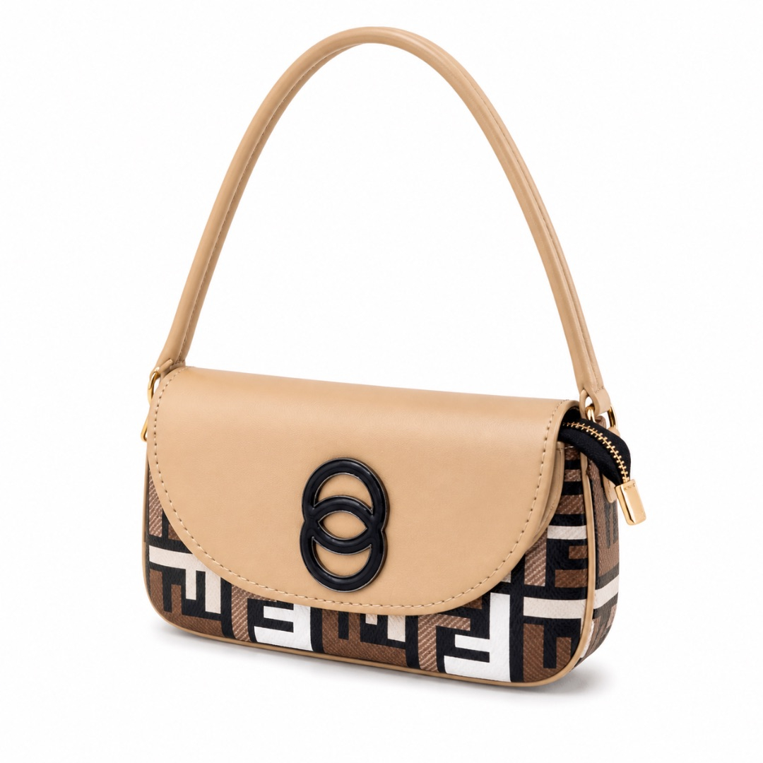 Beige Patterned Mini Shoulder Bag  with Flap and Logo Detail
