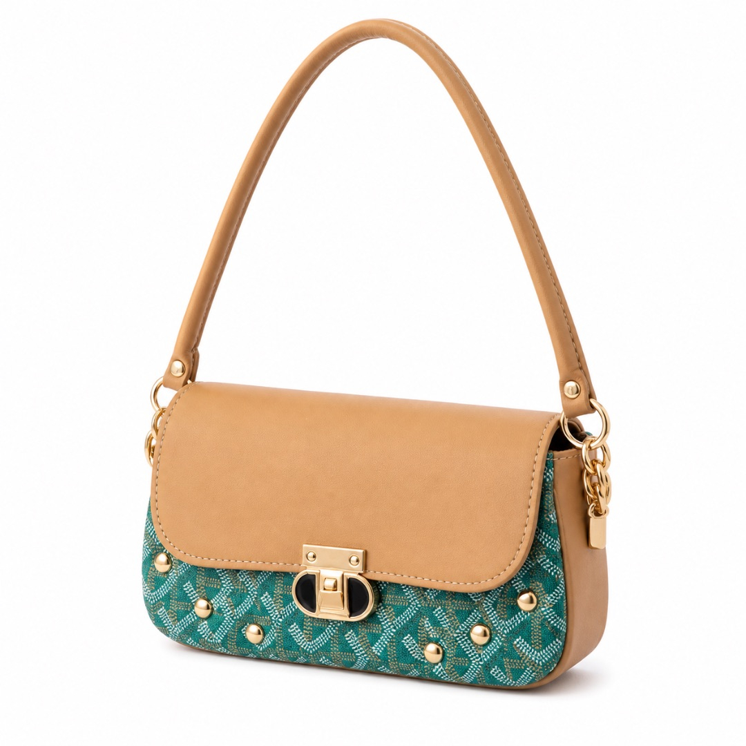 Beige and Green Studded Mini Shoulder Bag  with  Flap Lock Detail