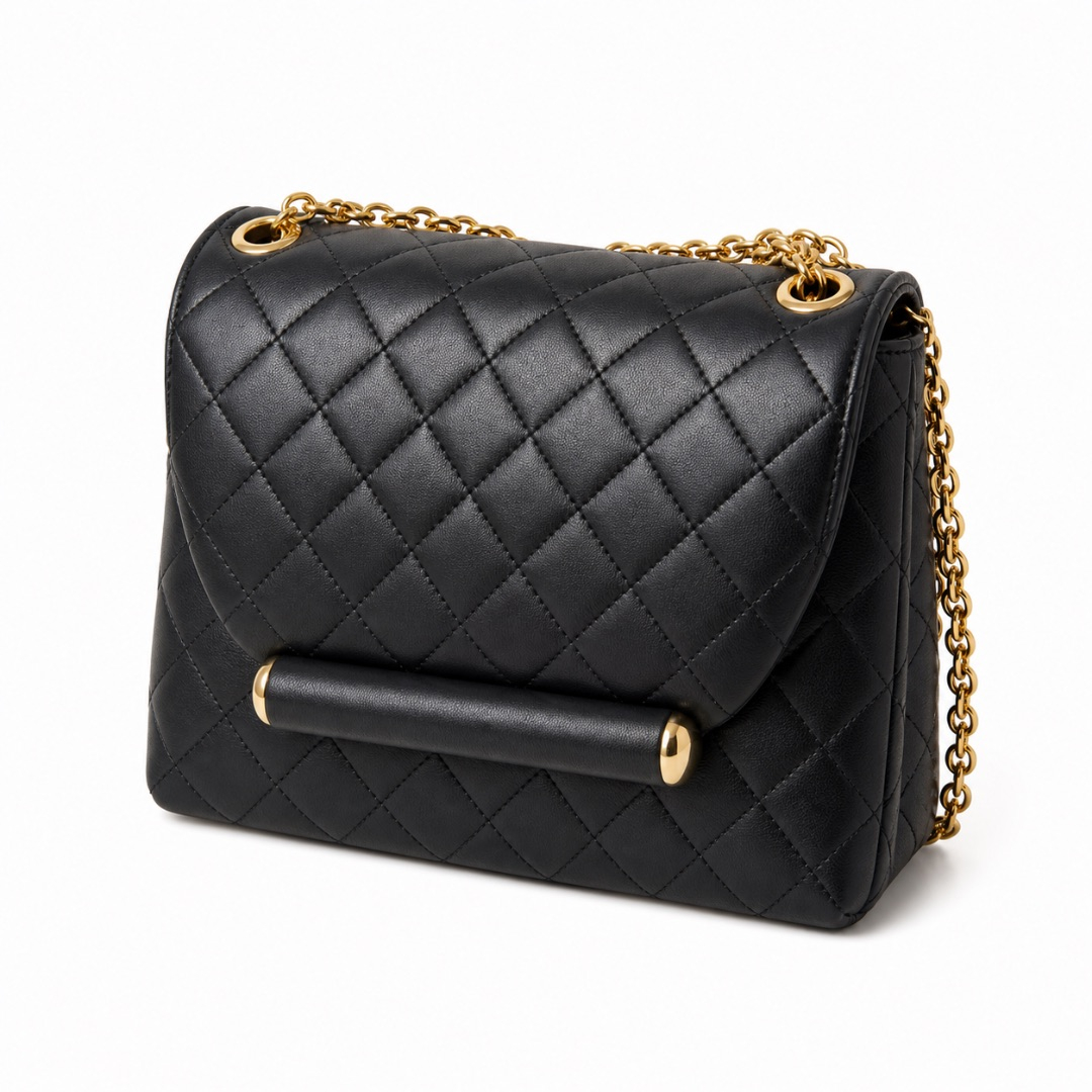 Black Quilted Chain Shoulder Bag  with  Flap and Bar Detail