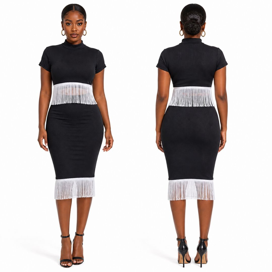 Elegant Black Fringe Two Piece Set