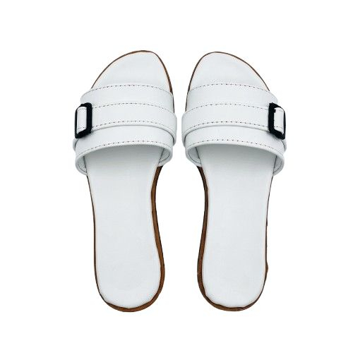 Minimalist White Buckle Detail Slide Sandals