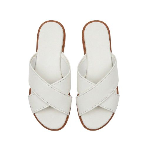 Womens Embossed Faux Leather Cross Strap Slide Sandals
