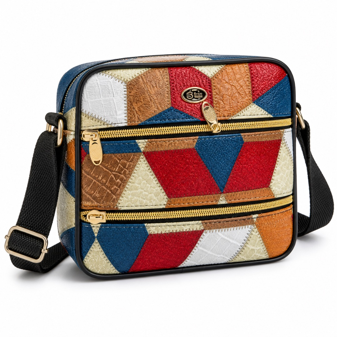 Multicolor Patchwork Crossbody Bag with Dual Zip Pockets