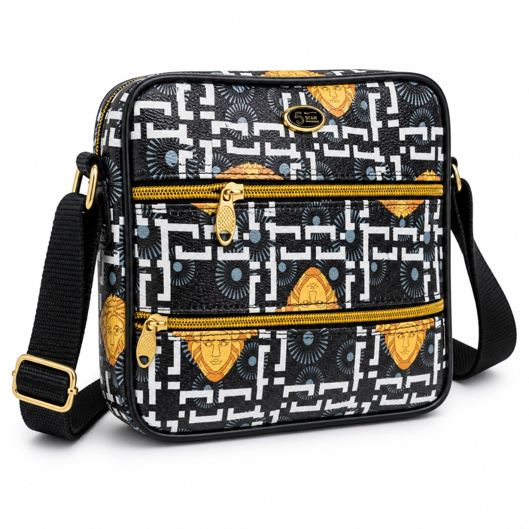 Black Patterned Crossbody Bag with  Dual Gold Zip Pockets