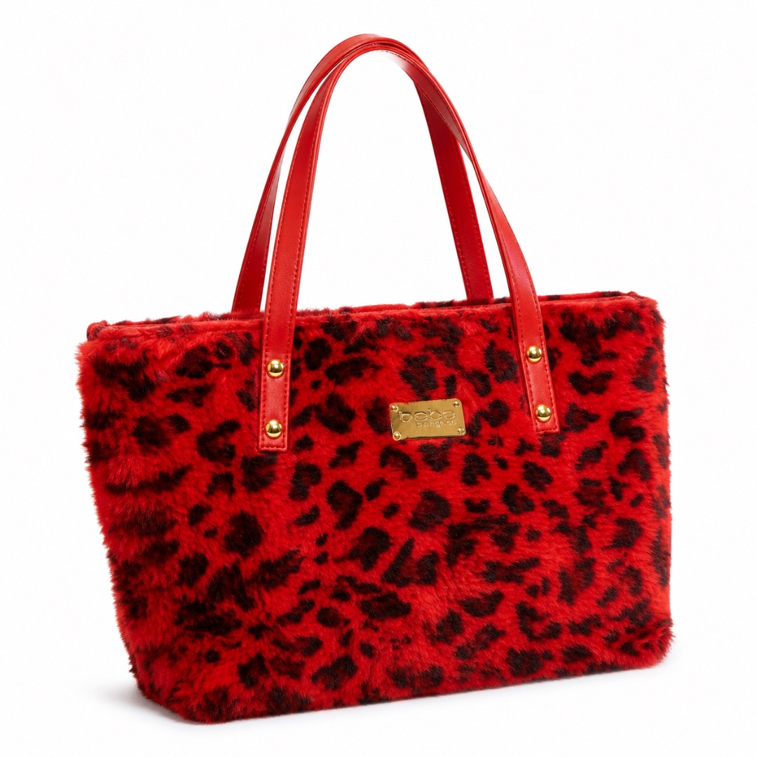 Red Leopard Plush Handbag with Glossy Handles