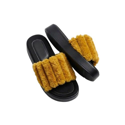 Textured Faux Fur Mustard Platform Slides