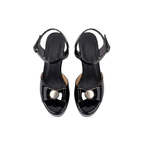 Glossy Patent Heeled Sandals with Bow and Metallic Detail