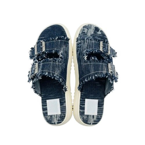 Frayed Denim Double Buckle Slide Sandals
