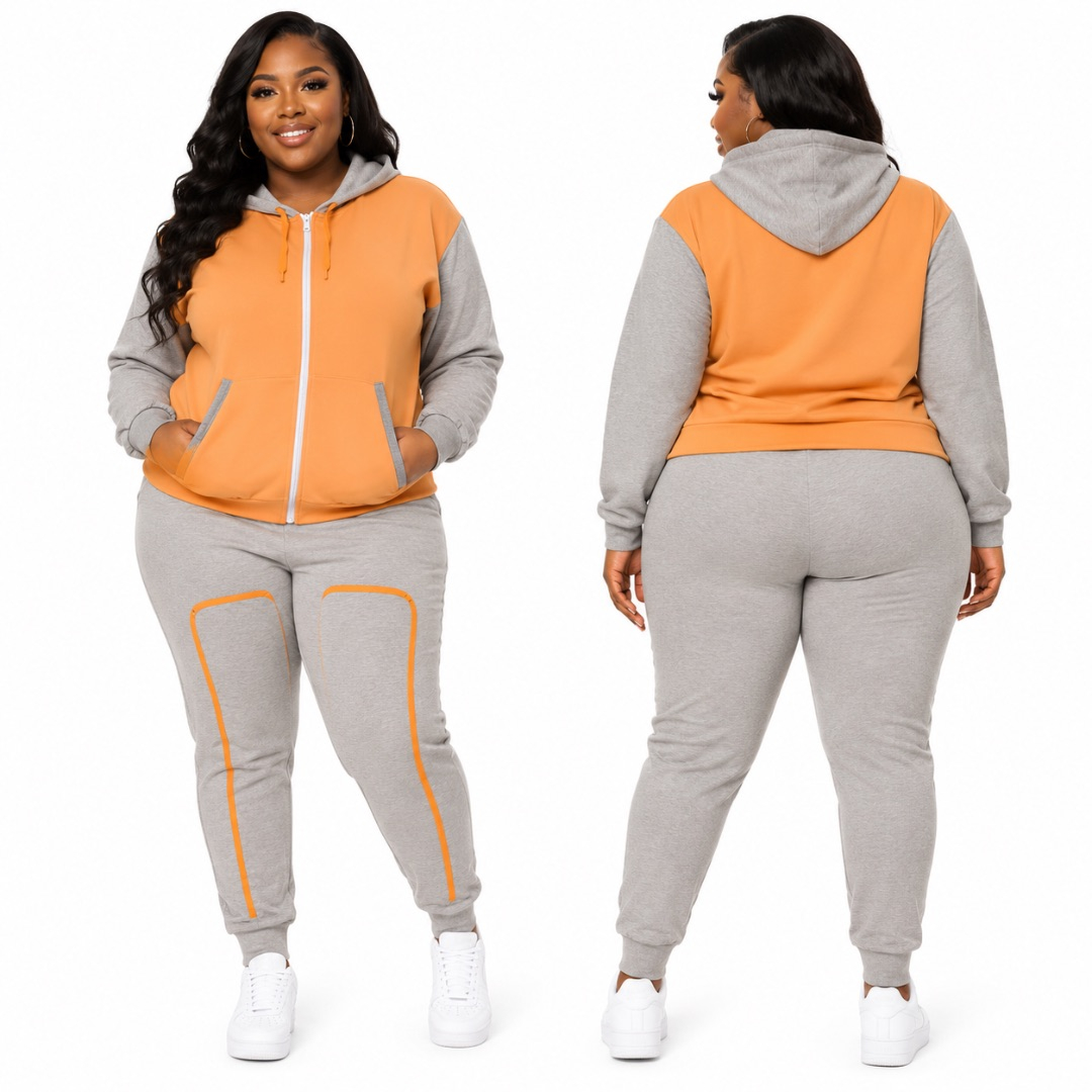 Womens Orange and Grey Hooded Tracksuit Set with Zip Jacket