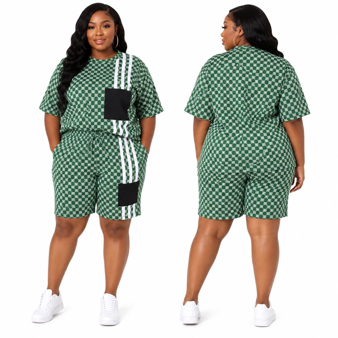 Womens Green Printed Two Piece Shorts Set with Pocket Detail