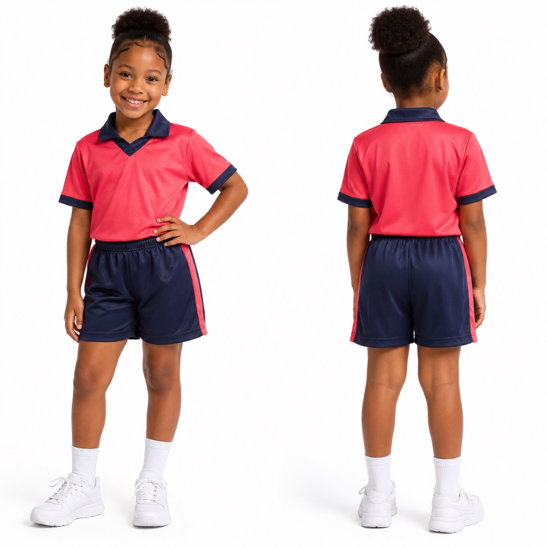 Kids Pink and Navy Sports Uniform Set with Polo Shirt and Shorts