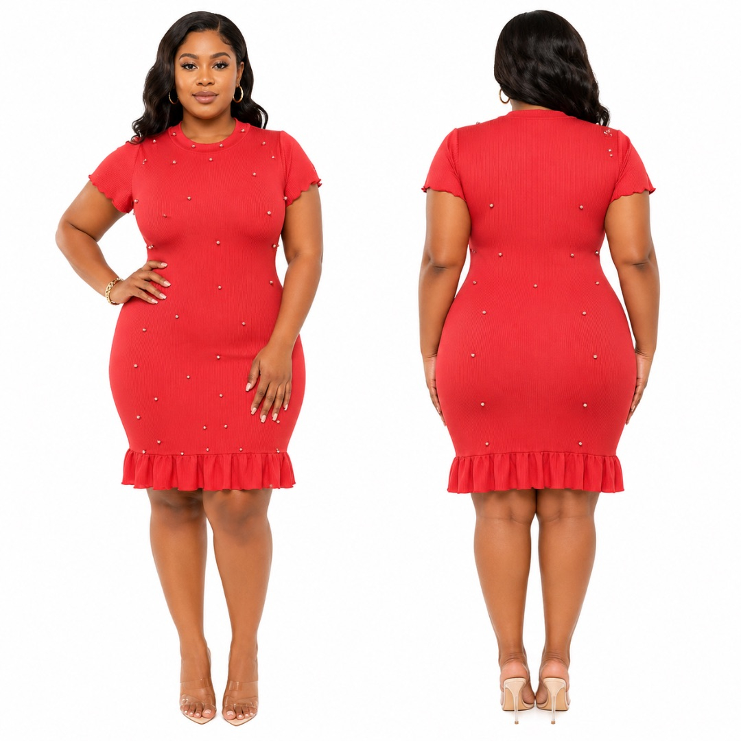 Womens Red Ribbed Bodycon Mini Dress   with Pearl Stud Detail