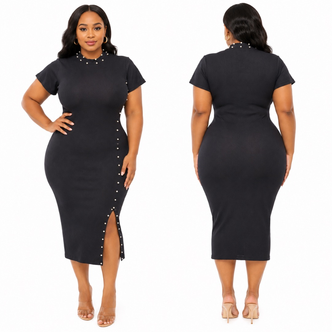 Womens Black Ribbed Midi Bodycon Dress   with Pearl Stud Detail
