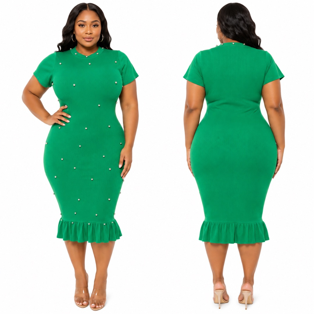 Womens Green Ribbed Bodycon Mini Dress  with Pearl Stud Detail