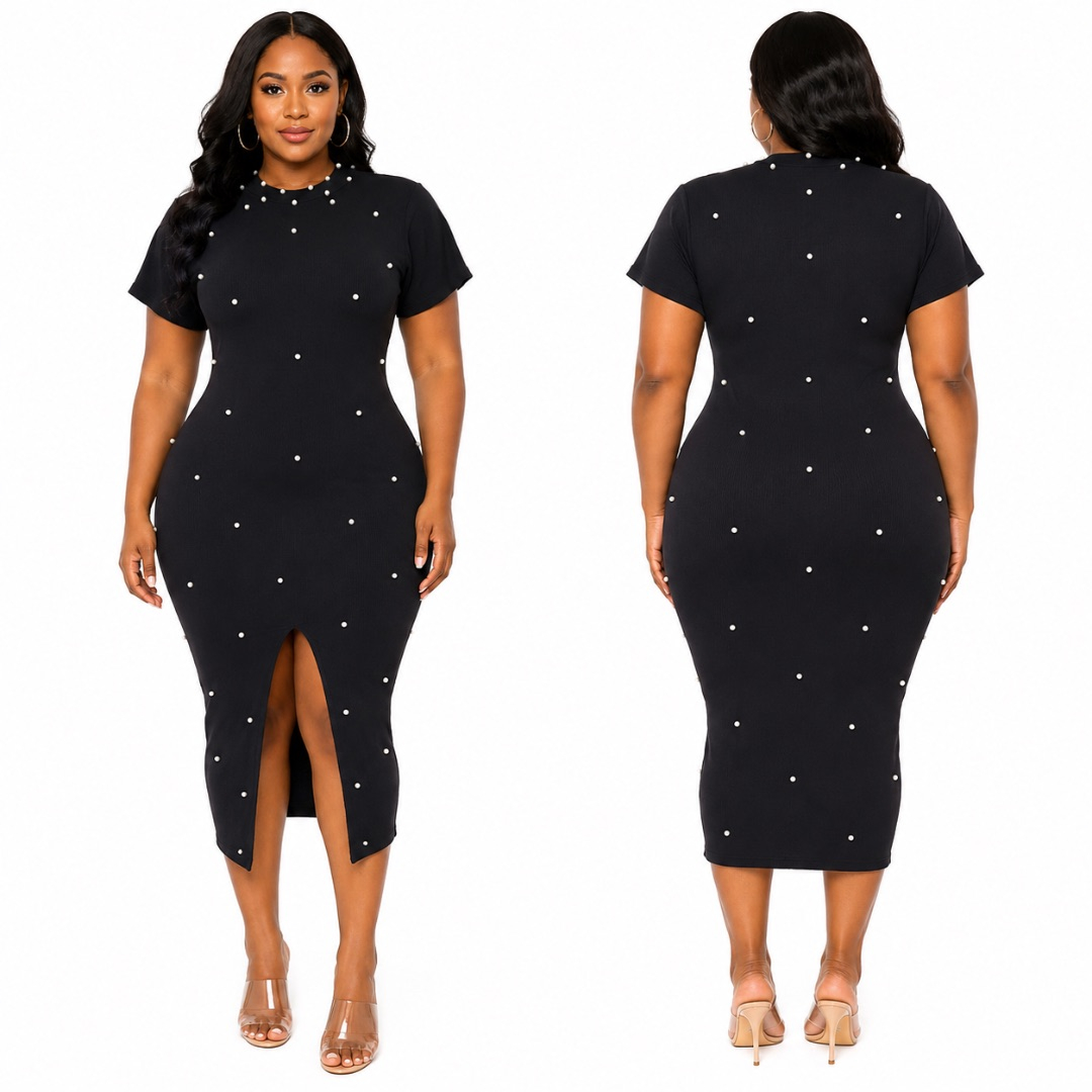 Womens Black Pearl Stud Midi Bodycon Dress  with Front Slit