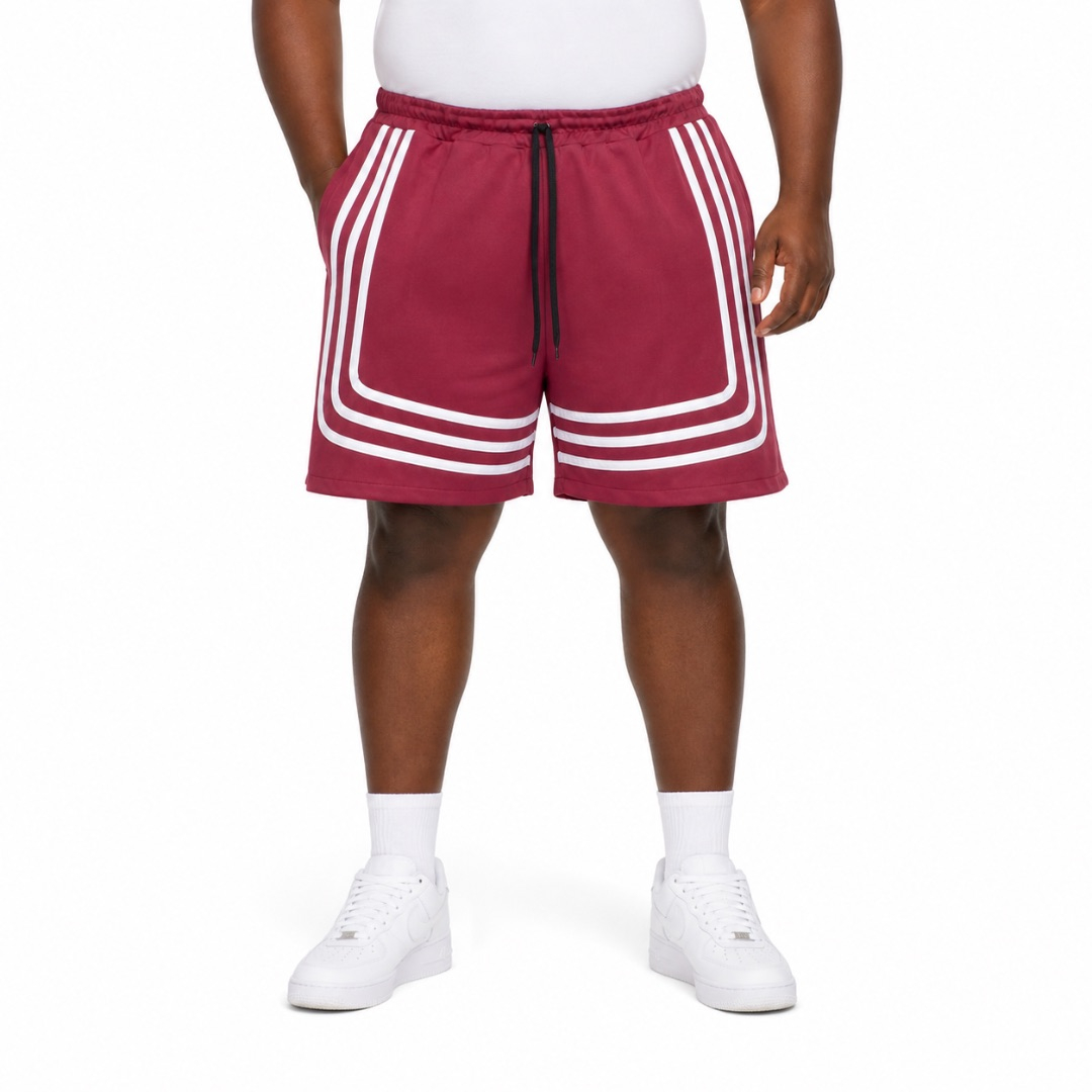 Burgundy Athletic Drawstring Shorts  with Triple Side Stripes