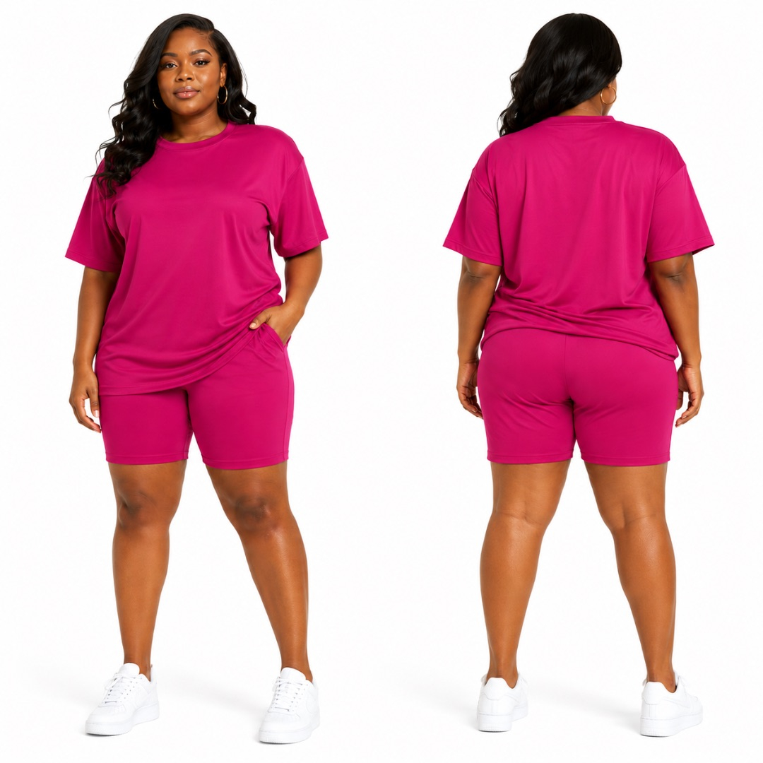 Womens Deep Pink Two Piece T Shirt and Cycling Shorts Lounge Set