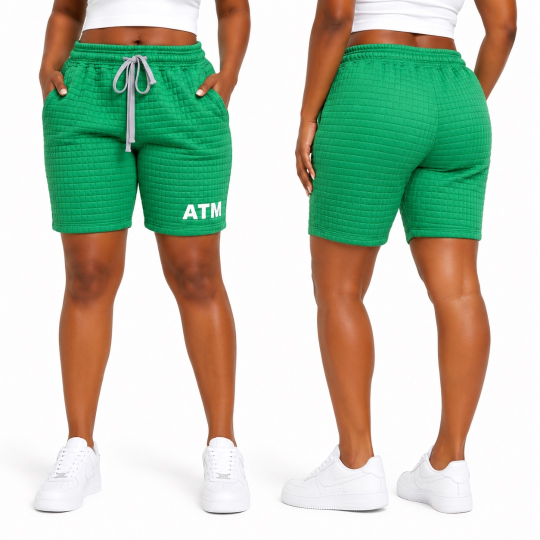 Womens Green Textured Drawstring Biker Shorts