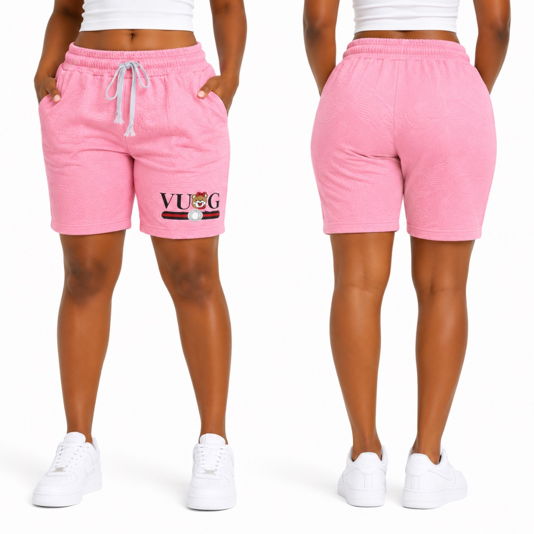 Womens Pink Textured Drawstring Biker Shorts with Graphic Detail