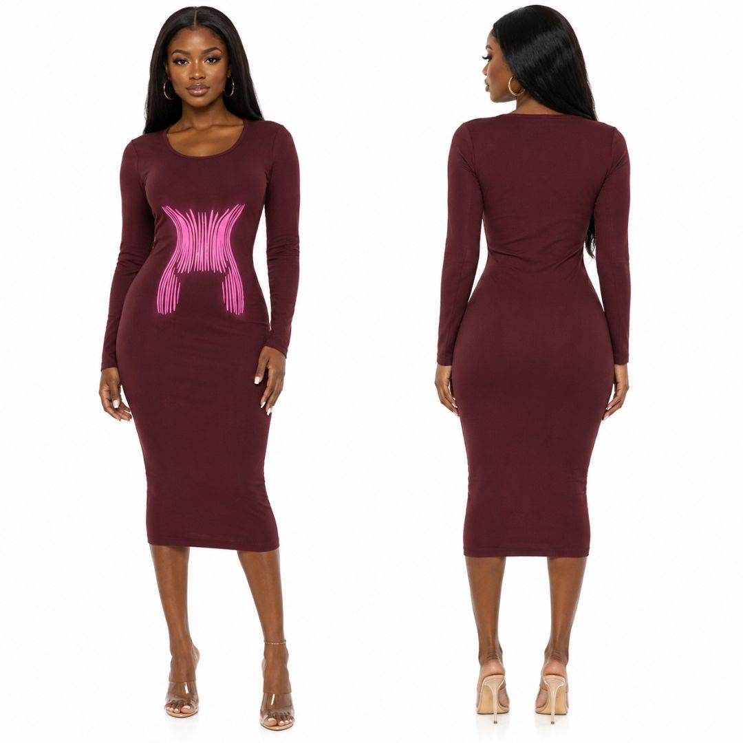 Ribbed Three Quarter Sleeve Bodycon Midi Dress