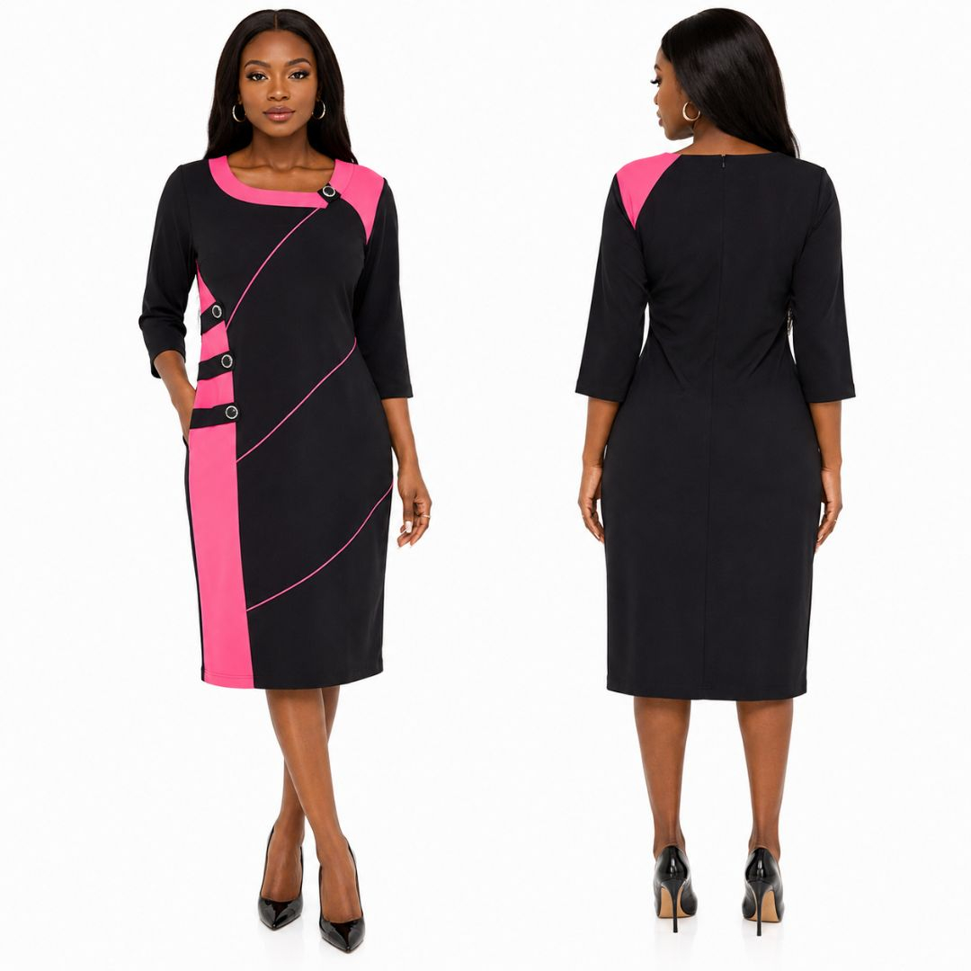 Color Block Three Quarter Sleeve Midi Dress
