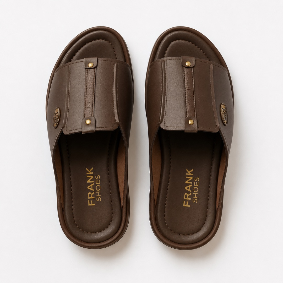 Quality men brown  leather slide sandals