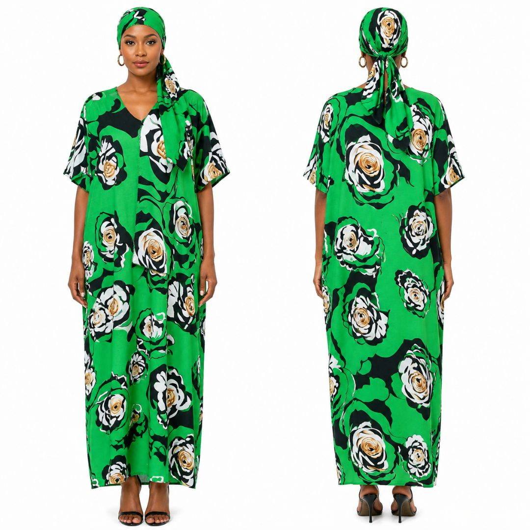 Green Floral Short Sleeve V Neck Dress
