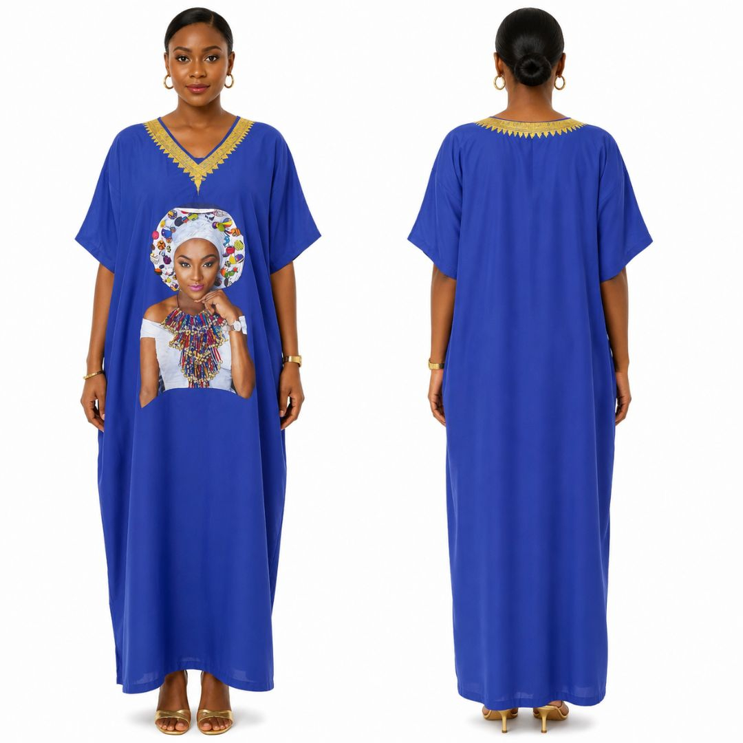 Printed Kaftan Dress with Decorative V Neck Trim