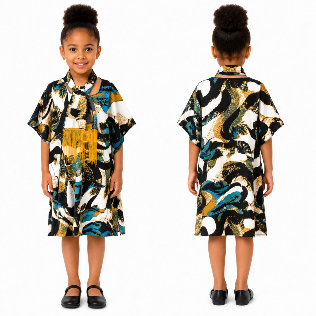 Children Abstract Print Tassel Detail Dress