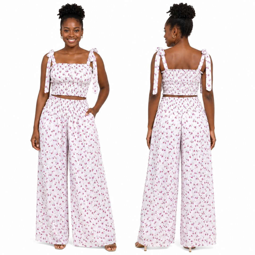 Womens Floral Smocked Crop Top and Wide Leg Trouser Set