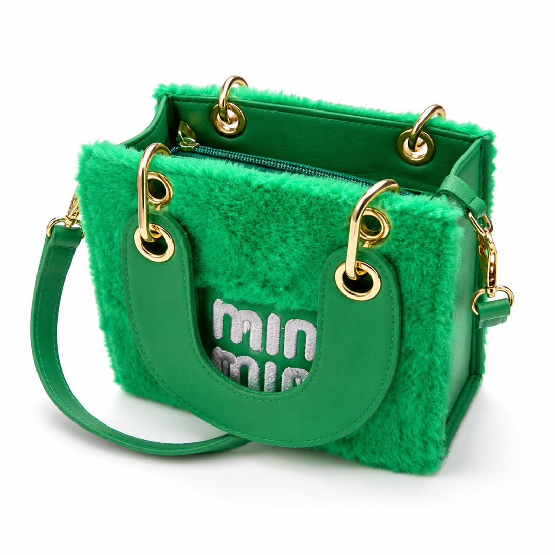 Womens Green Faux Fur Mini Tote Crossbody Bag
