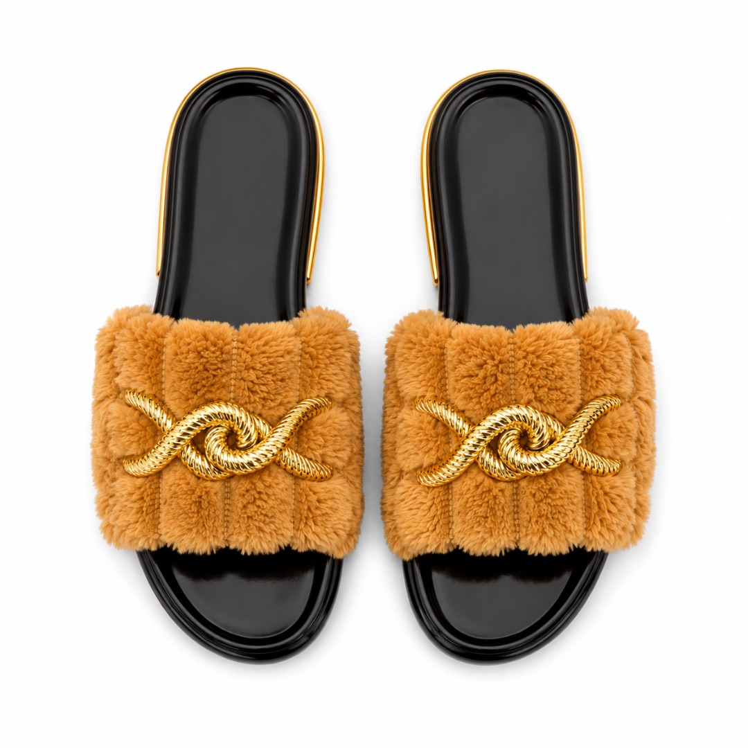 Luxury Camel Fur Chain Flat Slide Sandals