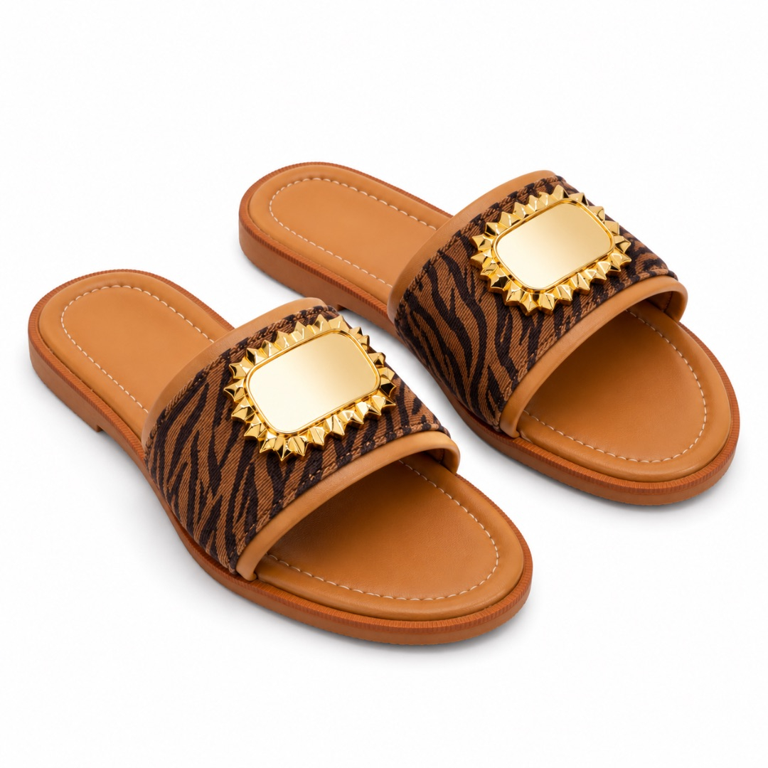 Luxury Brown Animal Print Gold Ornament  Flat Slide Sandals